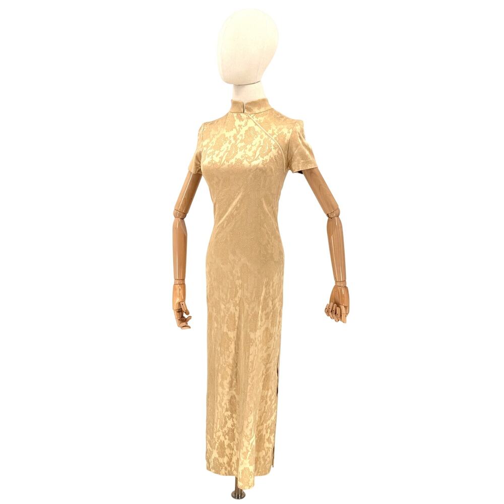 Vintage Y2K Yumi Mazao Paris Gold Floral Brocade Cheongsam Maxi Dress